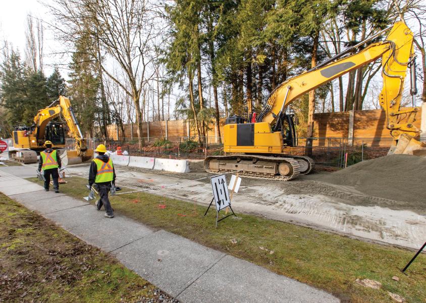 Construction for the Pattullo Gas Line Replacement project along Lakefield Drive in Burnaby.
