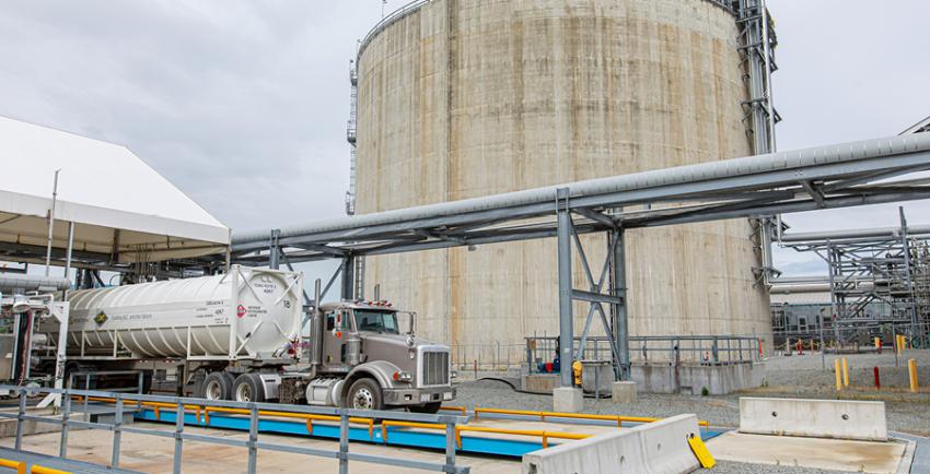 A truck fills up with LNG at the Tilbury facility