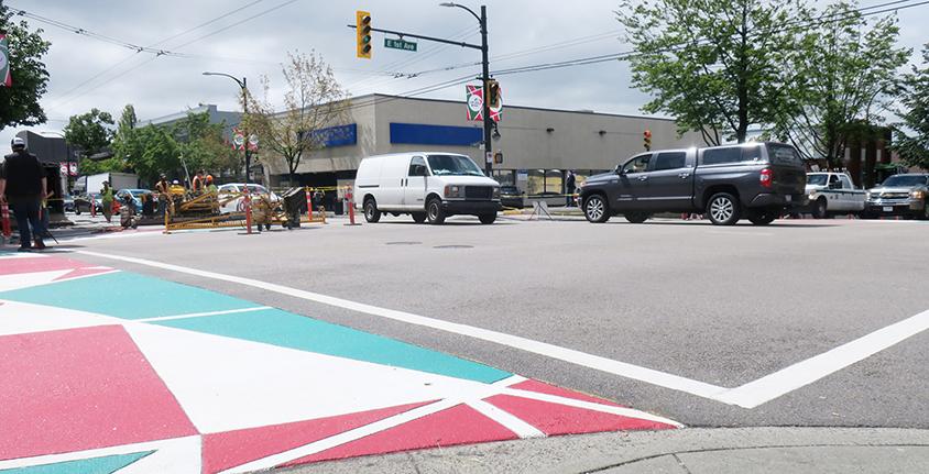 Painted crosswalk at Commercial Drive and East 1st Avenue in Vancouver