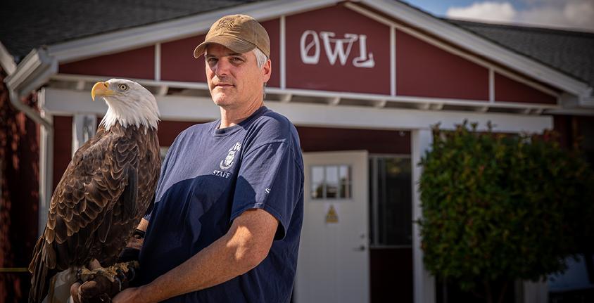 Rob Hope, raptor care manager at OWL, holds a bald eagle