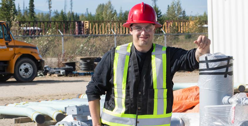 PGNAETA Piping Foundations student Jarrett Beaulieu visits a FortisBC worksite in Mackenzie, BC.