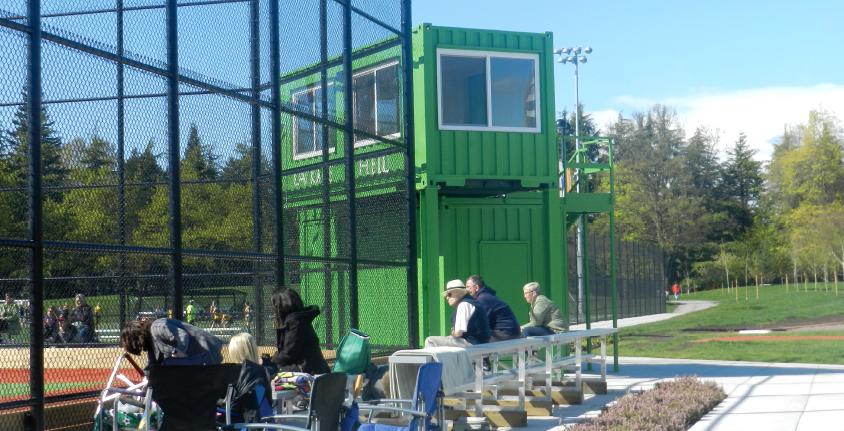 A two-storey announcer’s booth at a municipal ball field