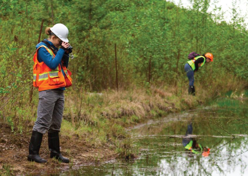 Woman wearing safety vest and hard hat with binoculars looks into a lake