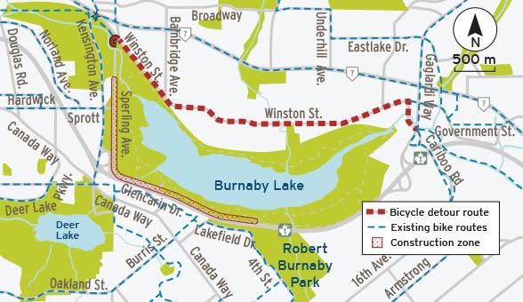 Bike detour map around Burnaby Lake