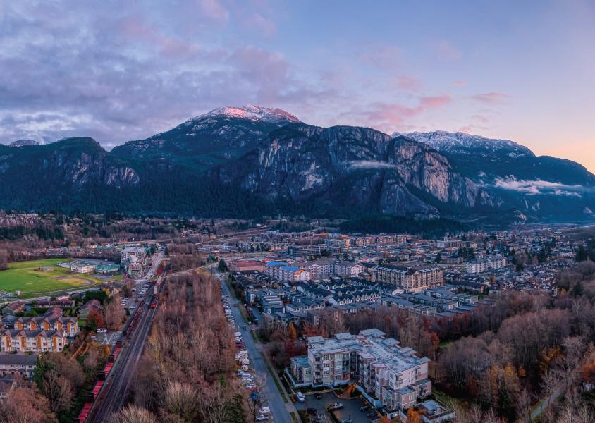 Aerial view of Squamish, looking towards the mountains, where our EGP project is taking place