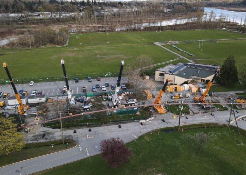 Aerial view of construction over the Burnaby Lake rugby parking lot