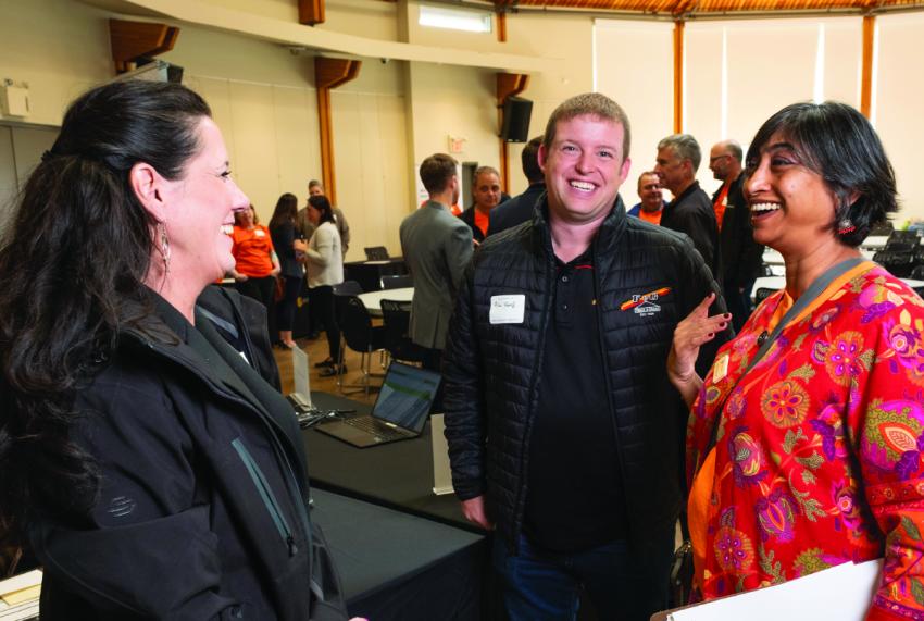 (L to R) Deanna Smith, Ryan Ford and FortisBC’s Anasuya Kesavan at the FortisBC & Musqueam Indian Band B2B community event at the Musqueam Cultural Centre on September 27, 2023