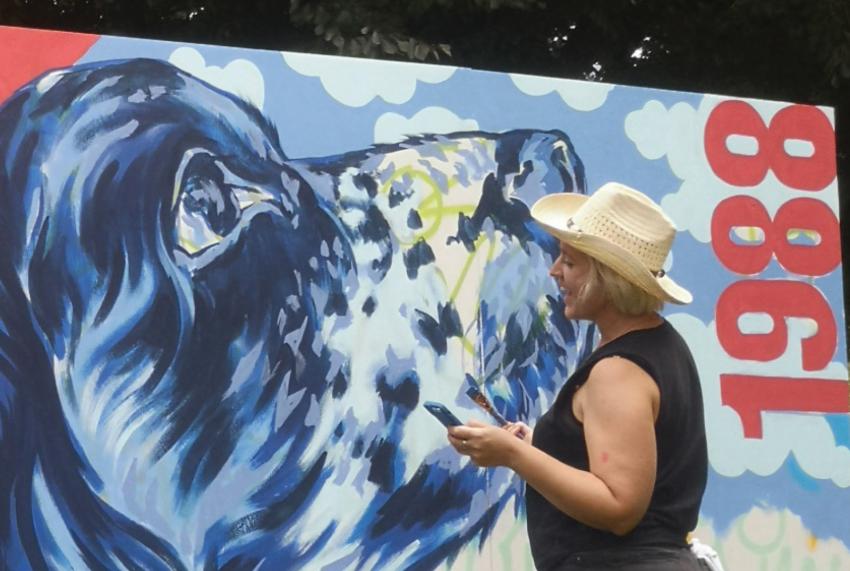 Aimee Young is one of the artists who painted a mural on plywood in Stan Clarke Park during the 2024 Squamish Mural Walk Festival.